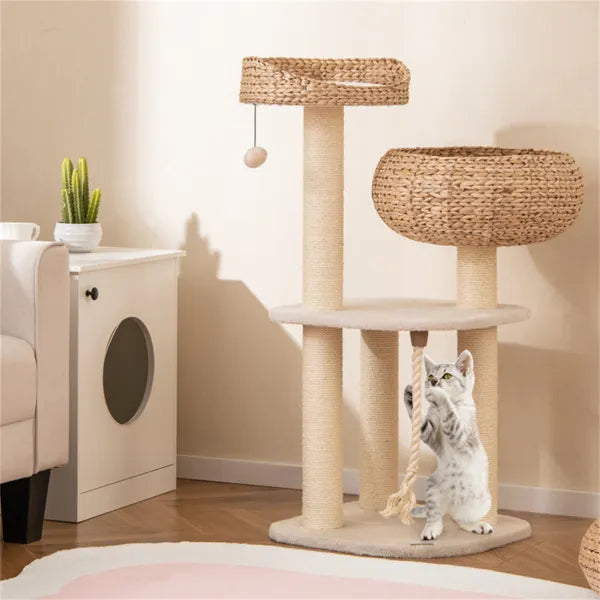 41" Hand-Woven Water Hyacinth Cat Tree with Sisal Scratching Posts