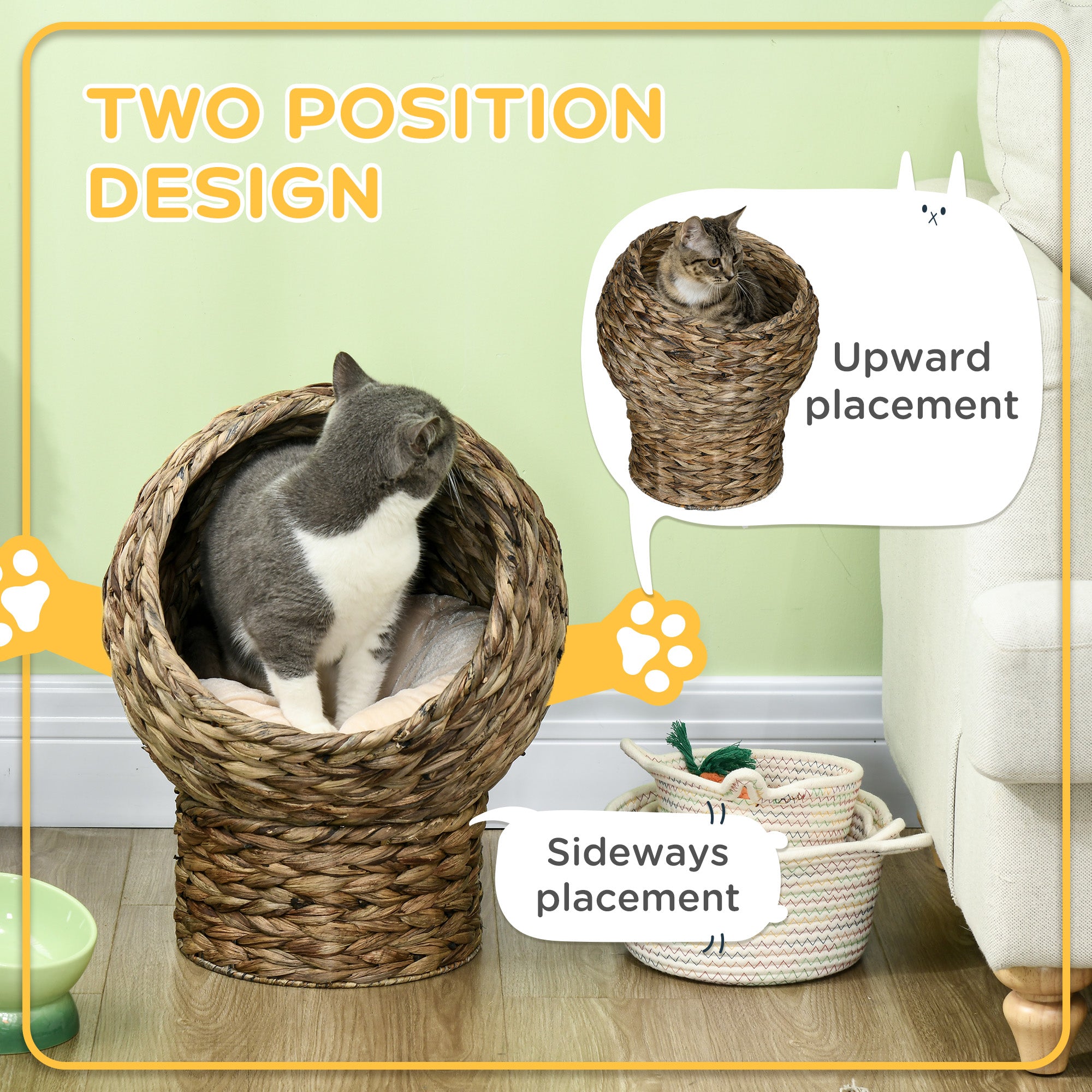 Handwoven Elevated Cat Bed Egg Chair Wicker Basket with Cushion