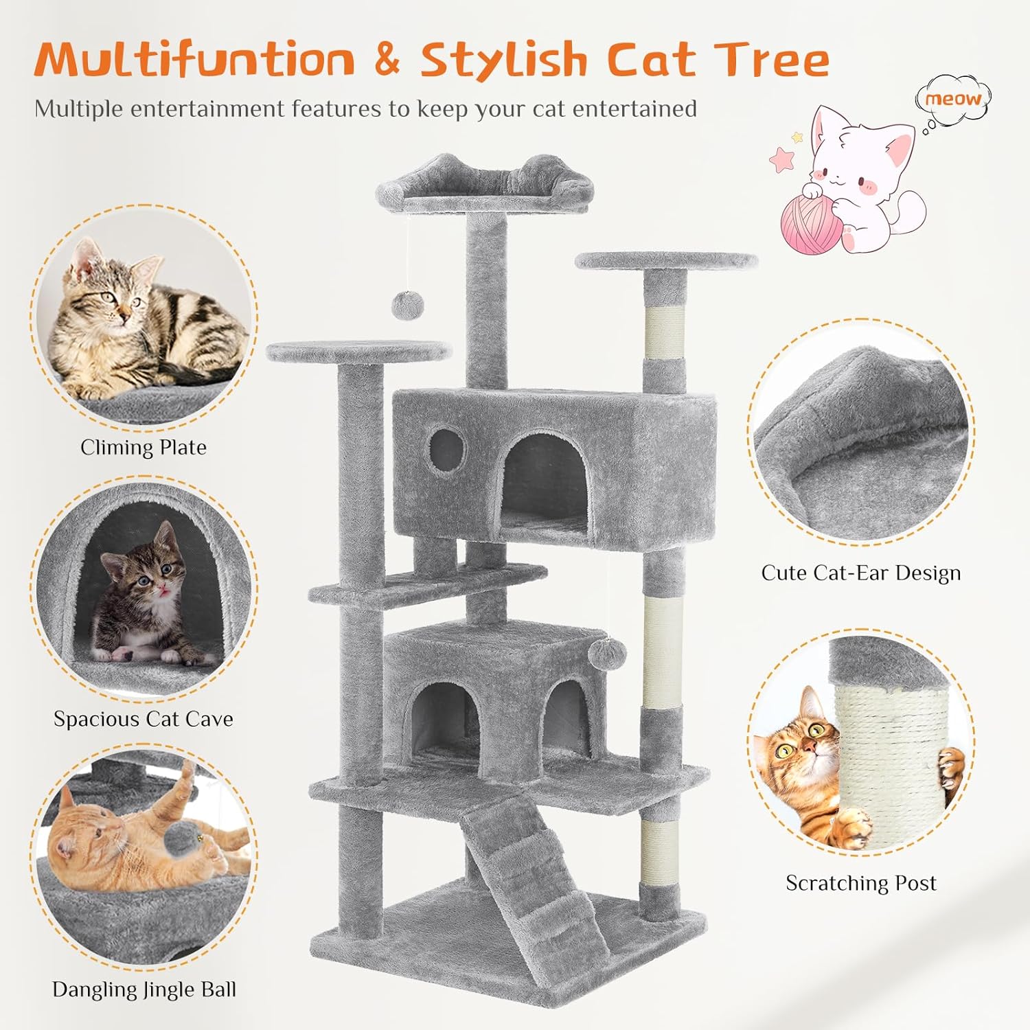 54" Multi-Level Cat Tree Tower Sisal Posts, Ladder & Plush Toys