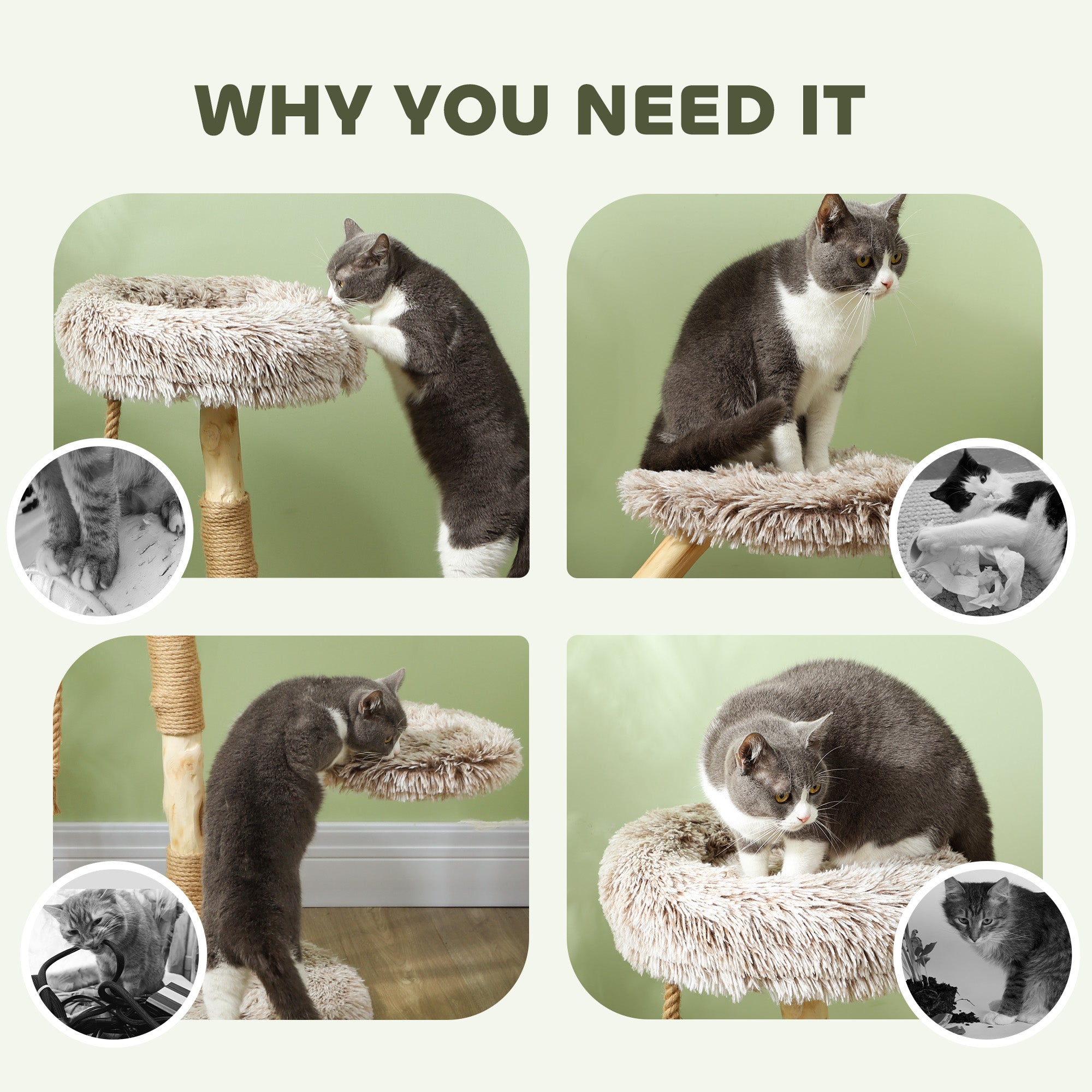 35" Modern Indoor Cat Tree Wooden Scratching Posts, Bed & Rope Toy