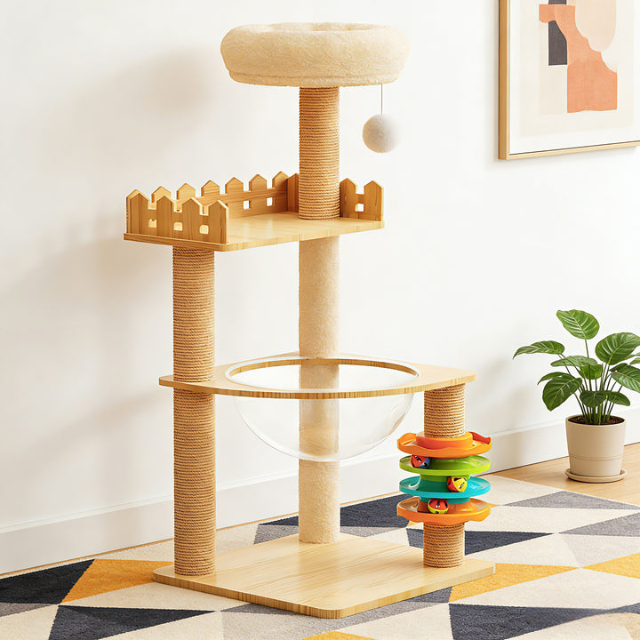 39" Modern Indoor Cat Tower Wood Tree with Scratching Posts & Hammock