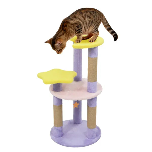 29 inch cat tree with scratching posts featuring multiple levels and a cat exploring the top tier.