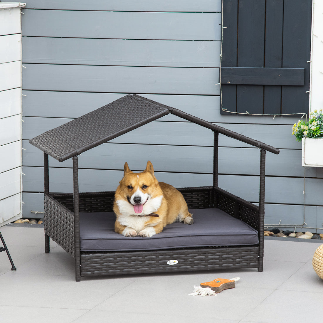 Wicker Outdoor Dog House Raised Rattan Bed with Canopy & Cushion
