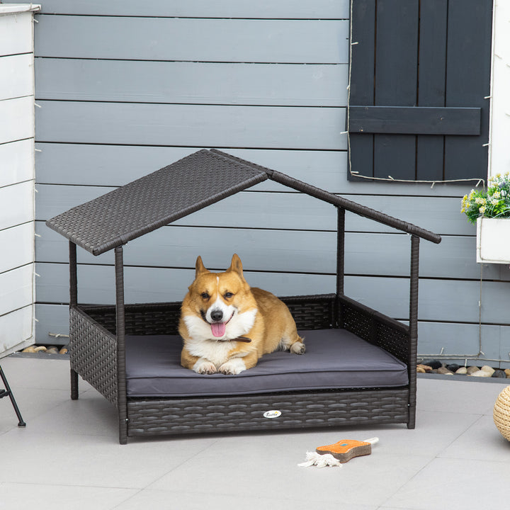 Wicker Outdoor Dog House Raised Rattan Bed with Canopy & Cushion