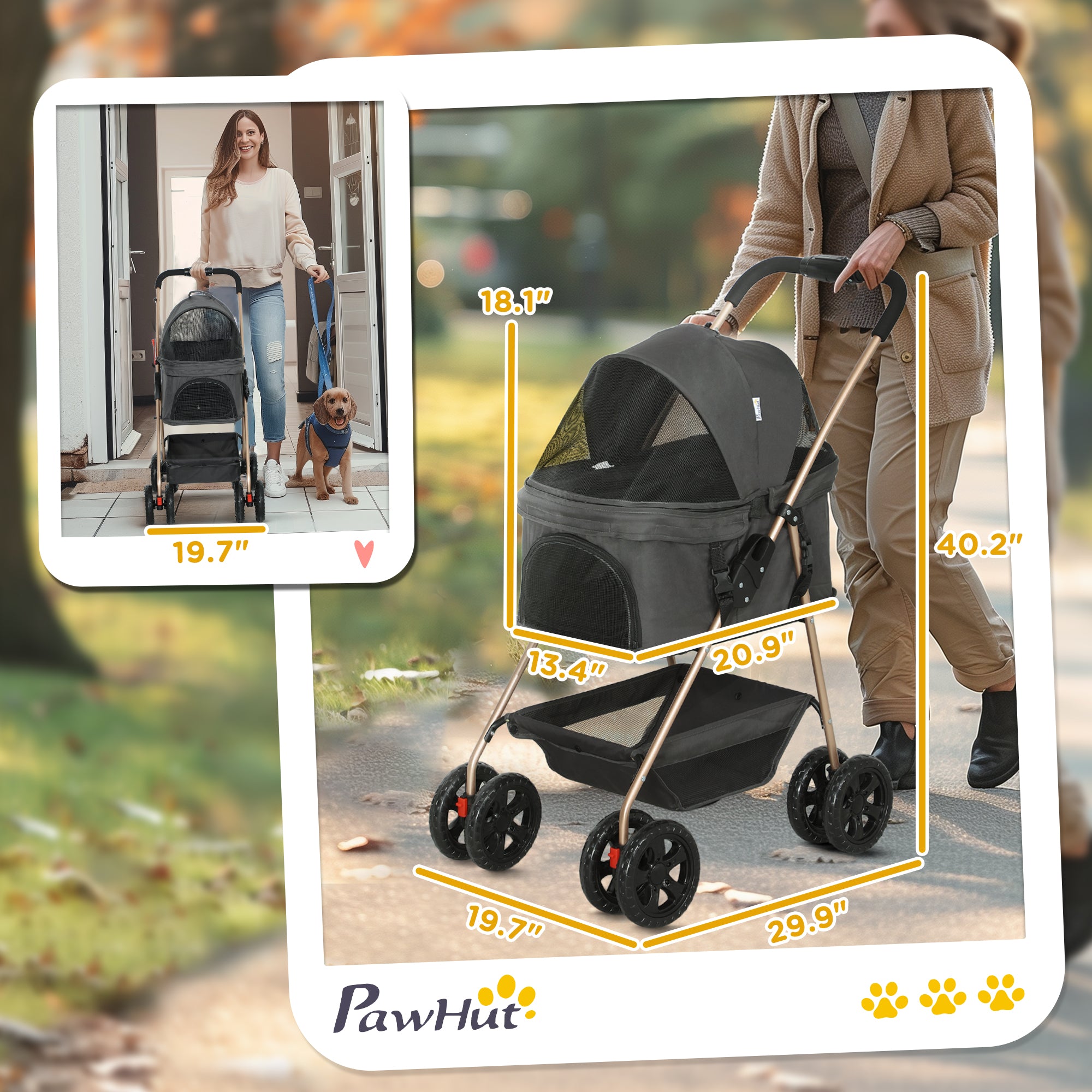 3-in-1 Gray Pet Stroller with Detachable Carrier & Storage