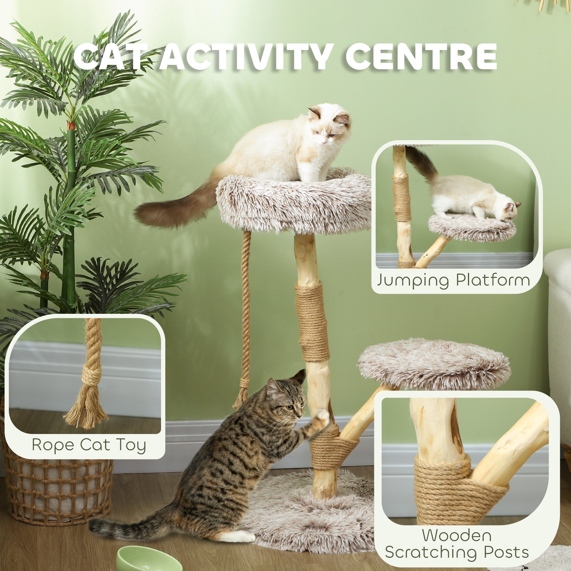 35" Modern Indoor Cat Tree Wooden Scratching Posts, Bed & Rope Toy