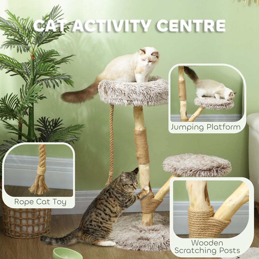 35" Modern Indoor Cat Tree Wooden Scratching Posts, Bed & Rope Toy