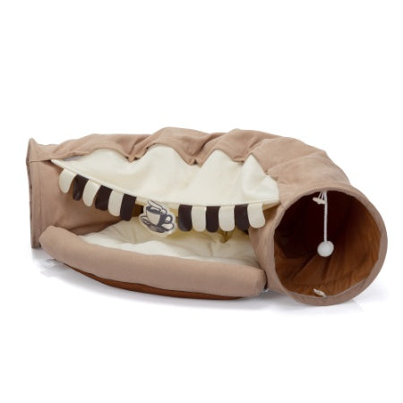 Telescopic Cat Tunnel with Cushioned Bed, Teasing Balls & Zipper Connection