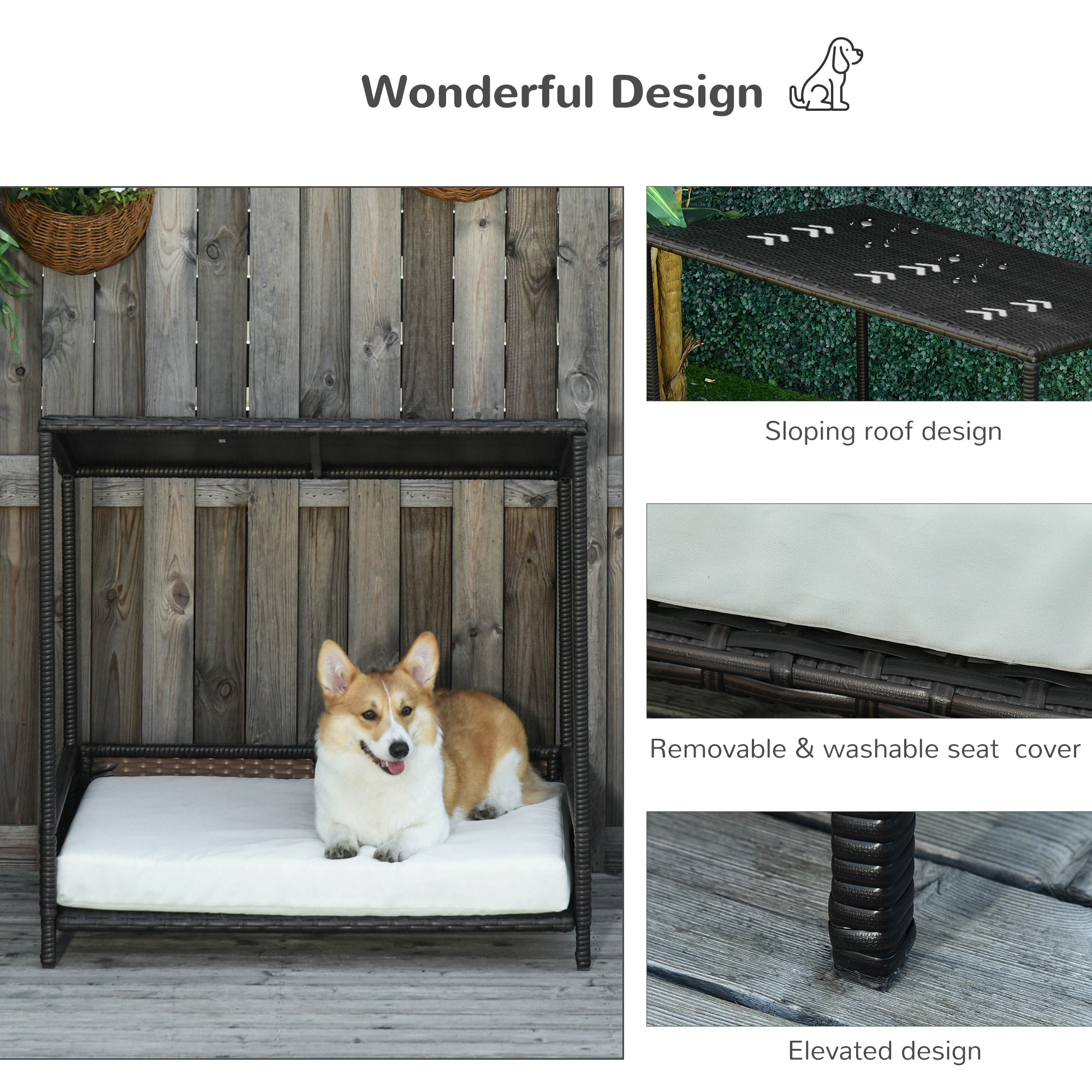 Raised Wicker Dog House Rattan Pet Bed with Removable Cushion