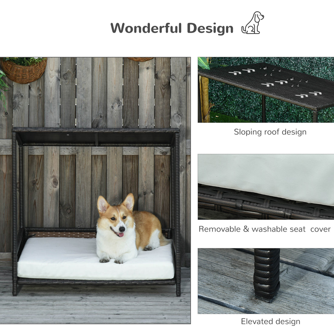 Raised Wicker Dog House Rattan Pet Bed with Removable Cushion