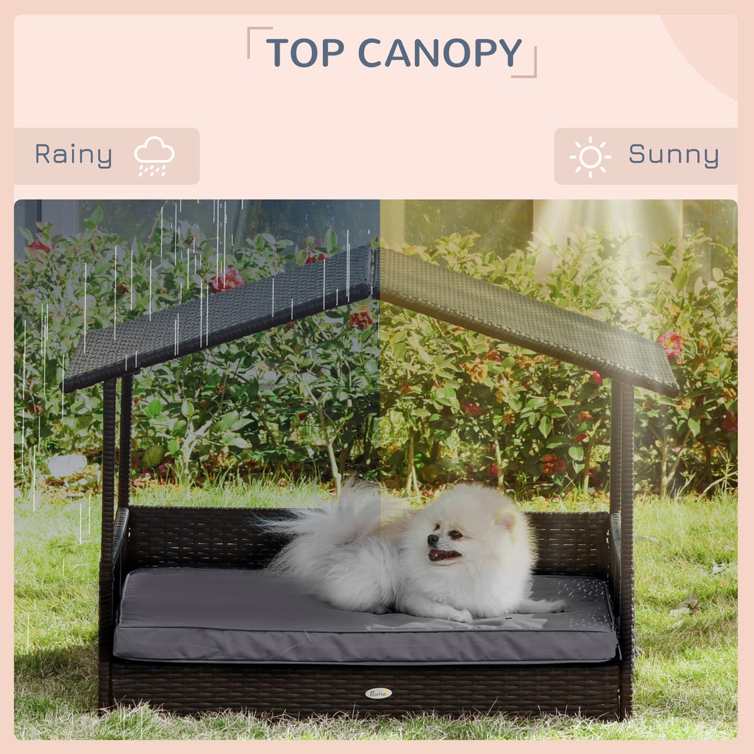 Wicker Outdoor Dog House Raised Rattan Bed with Canopy & Cushion