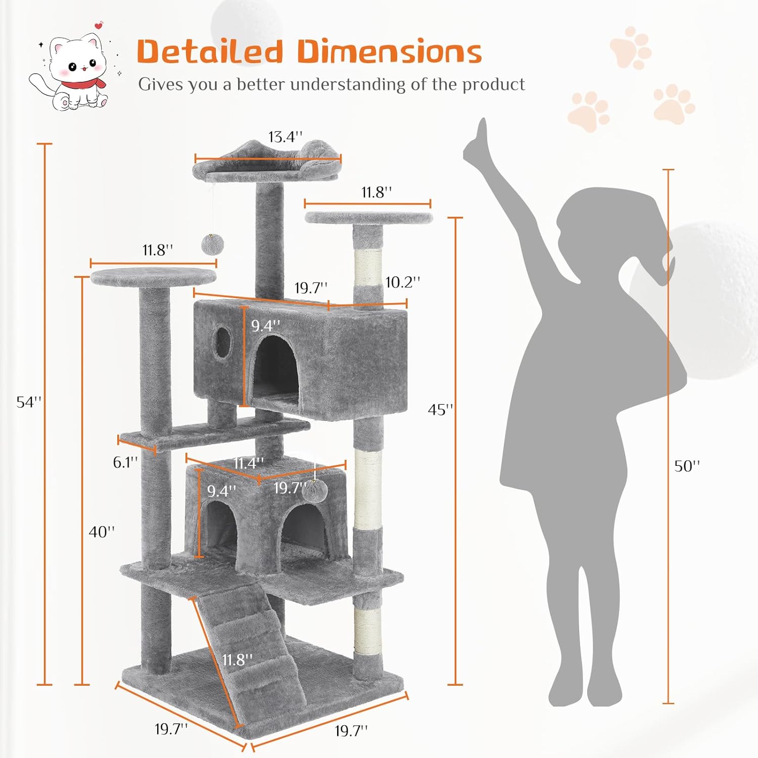 54" Multi-Level Cat Tree Tower Sisal Posts, Ladder & Plush Toys