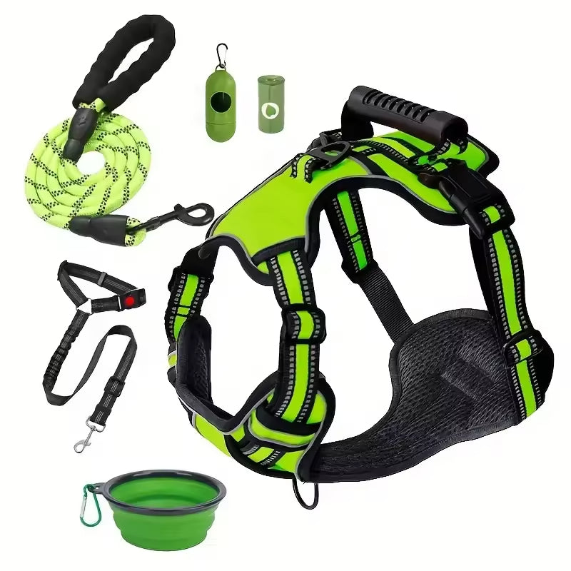 Tactical Service Dog Harness Kit Seat Belt, Collapsible Bowl & Trash Bag