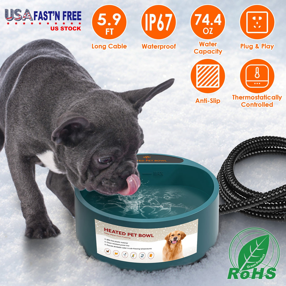 Heated Pet Water Bowl 74.4oz Waterproof Thermal Dog & Cat Feeder