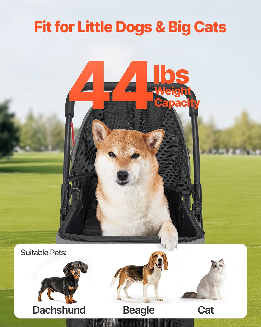 Foldable 4-Wheel Pet Stroller Reversible Handle, Supports Up to 44 lbs