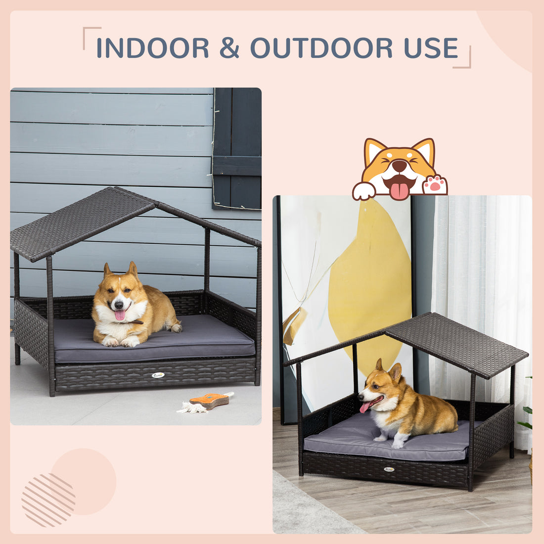 Wicker Outdoor Dog House Raised Rattan Bed with Canopy & Cushion