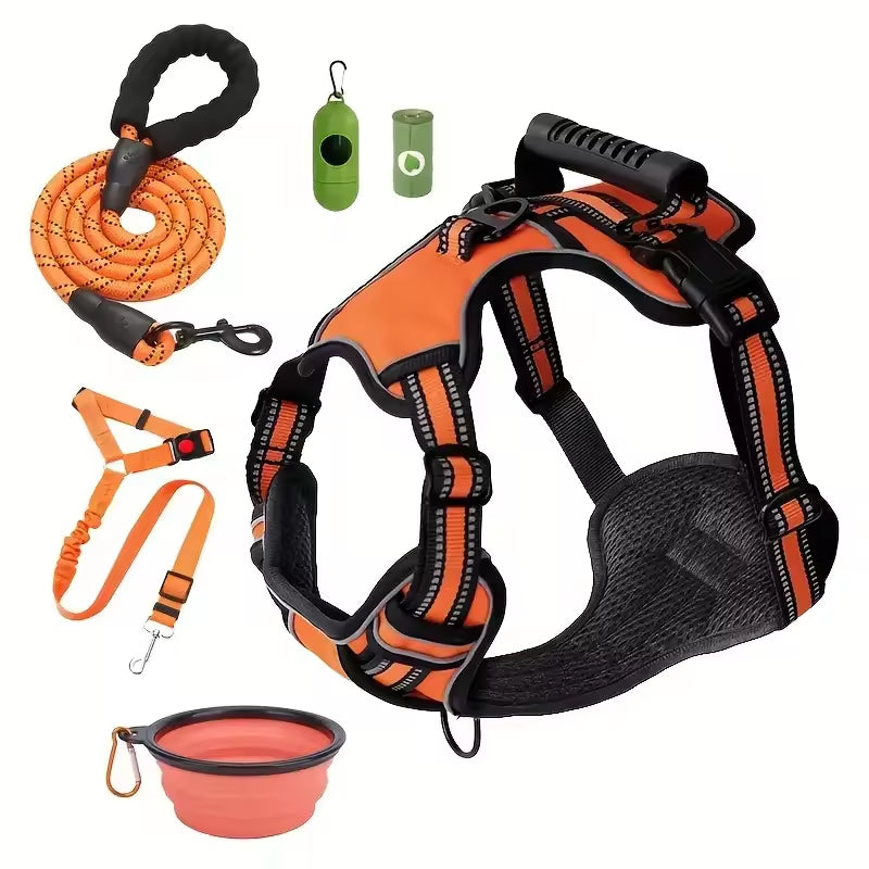 Tactical Service Dog Harness Kit Seat Belt, Collapsible Bowl & Trash Bag