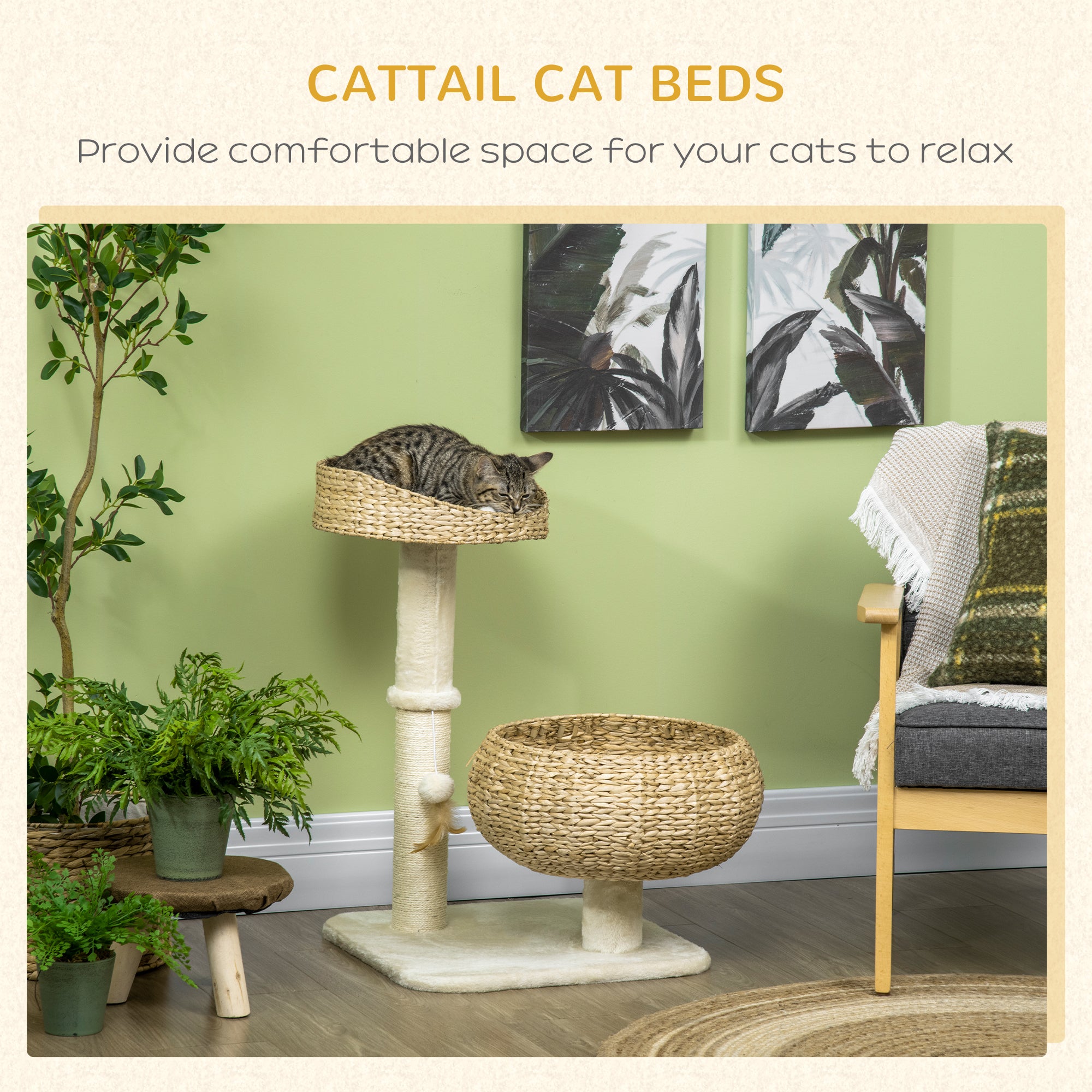 28" Elevated Cat Bed with Sisal Scratching Post Modern Cat Tree with Basket & Toy