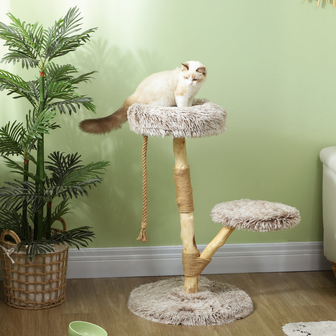 35" Modern Indoor Cat Tree Wooden Scratching Posts, Bed & Rope Toy