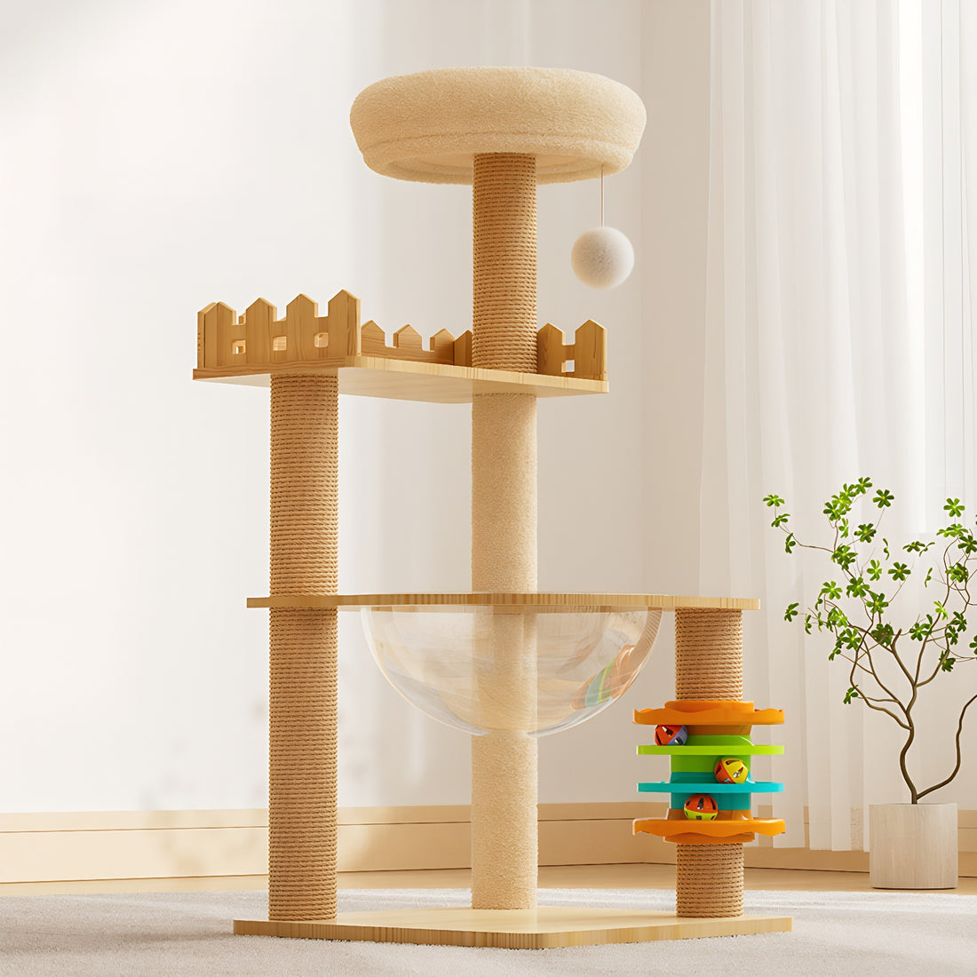 39" Modern Indoor Cat Tower Wood Tree with Scratching Posts & Hammock