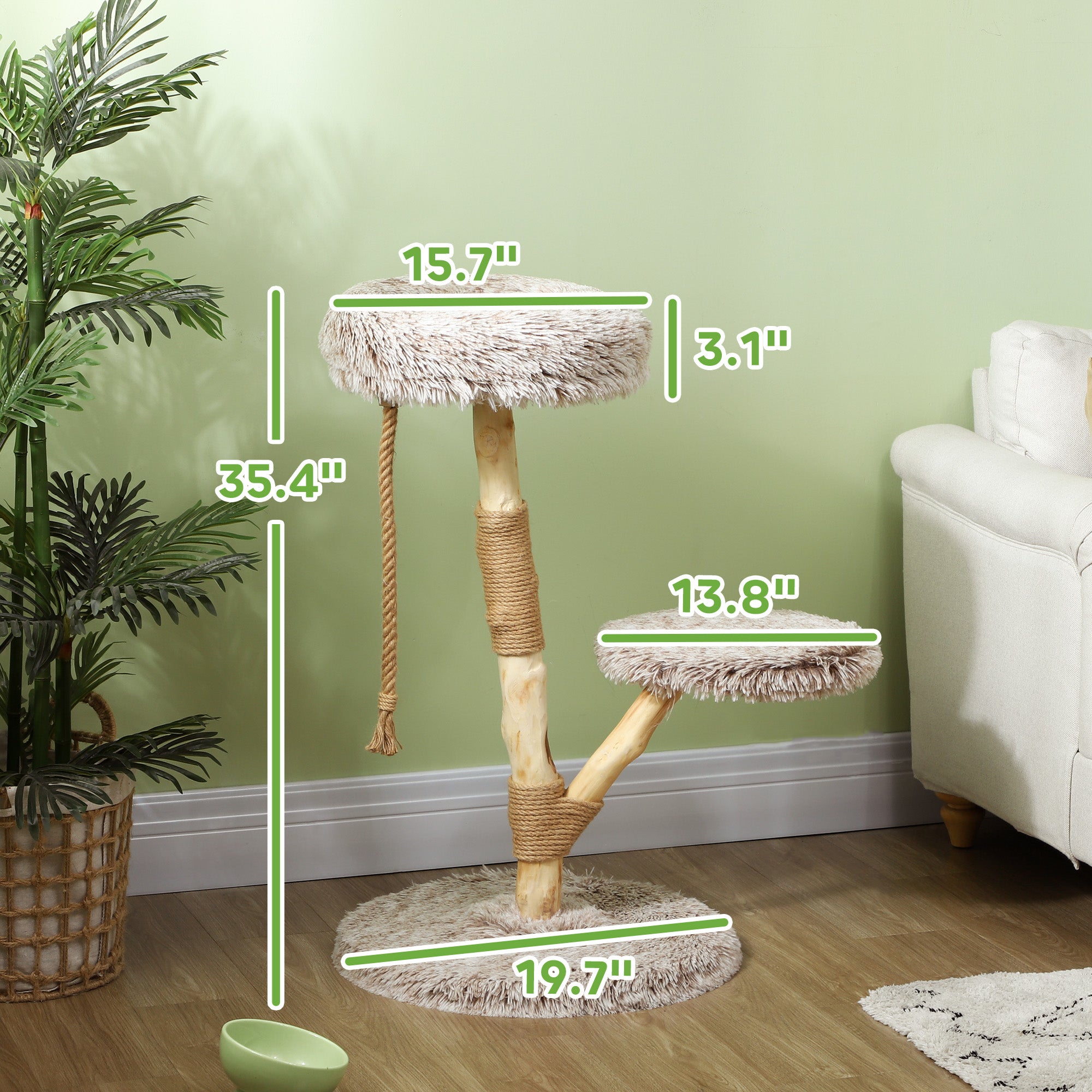 35" Modern Indoor Cat Tree Wooden Scratching Posts, Bed & Rope Toy