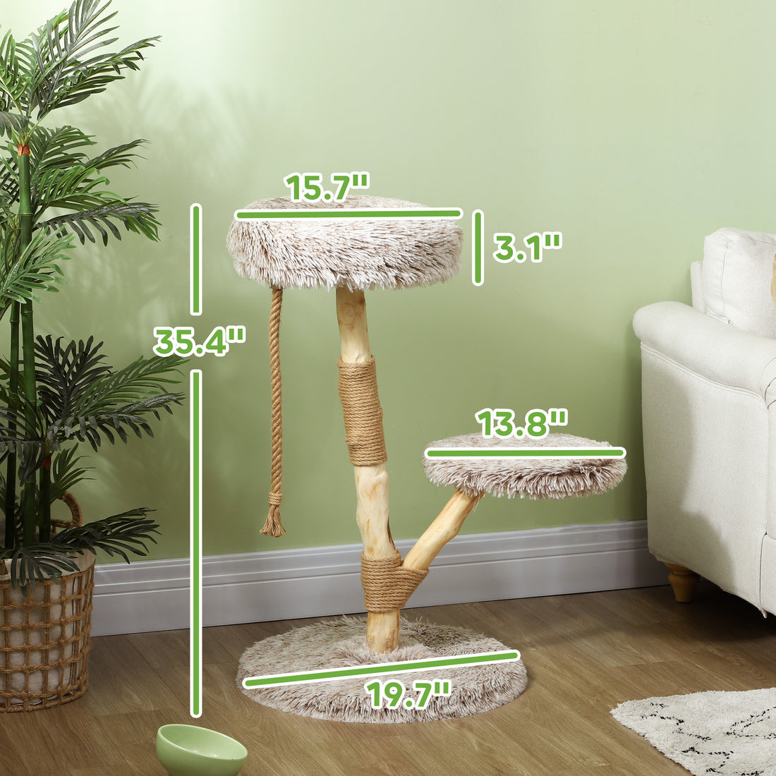 35" Modern Indoor Cat Tree Wooden Scratching Posts, Bed & Rope Toy