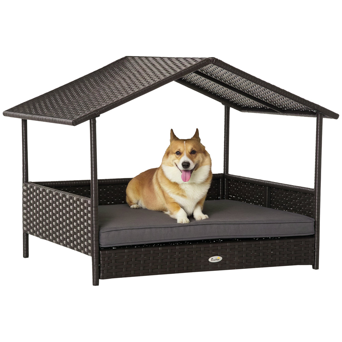 Wicker Outdoor Dog House Raised Rattan Bed with Canopy & Cushion