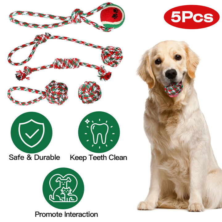 5-Piece Christmas Dog Rope Chew Toy Set Interactive Training & Teething