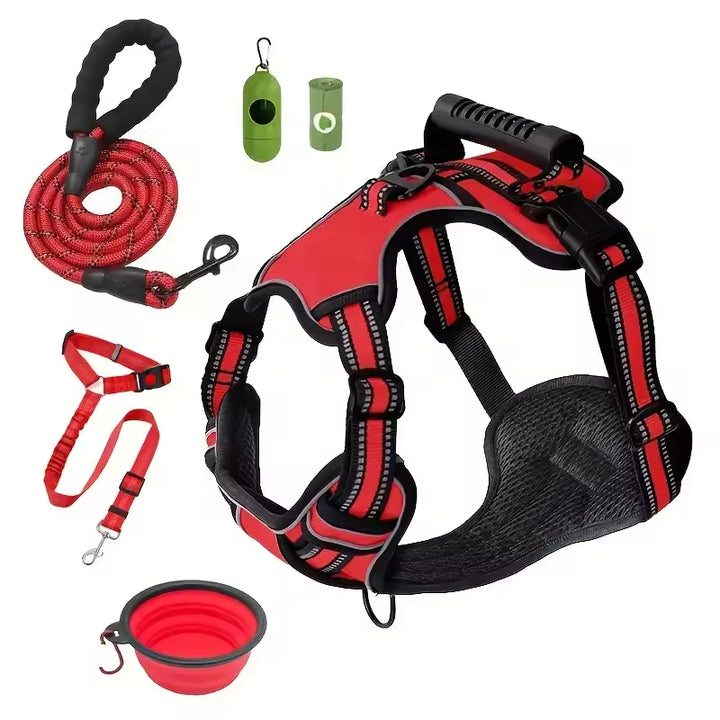 Tactical Service Dog Harness Kit Seat Belt, Collapsible Bowl & Trash Bag