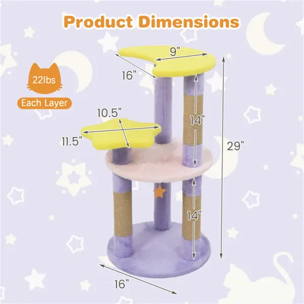 Product dimensions of a 29 inch cat tree with scratching posts, showcasing height and platform sizes.
